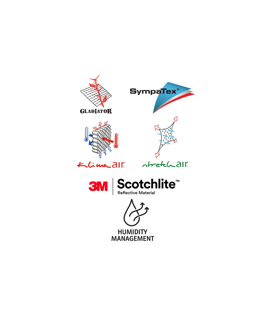 Tissu Gladiator, technologies KlimaAIR et StretchAIR, doublure Sympatex, 3M Scotchlite et Humidity management