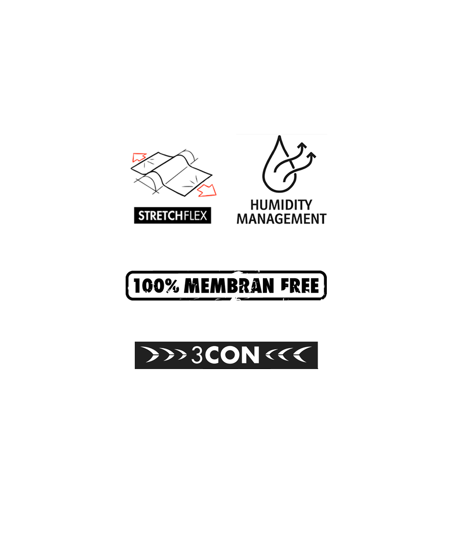 100% sans membrane, technologie Stretchflex, Gestion de l'humidité, bandes réfléchissantes 3CON