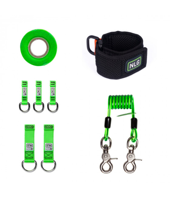 kit de rétention d'outils de  couleurs vert fluo comprenant 8 articles ruban, attaches, longe et bracelet