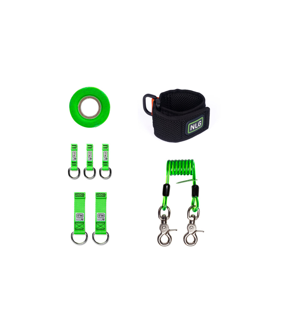 kit de rétention d'outils de  couleurs vert fluo comprenant 8 articles ruban, attaches, longe et bracelet