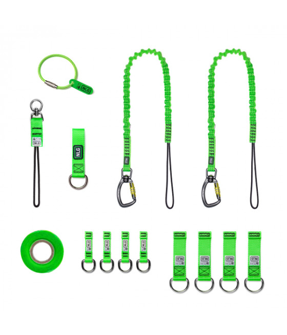 kit de rétention d'outils de  couleurs vert fluo comprenant 8 articles ruban, attaches, longes et attache à anneau