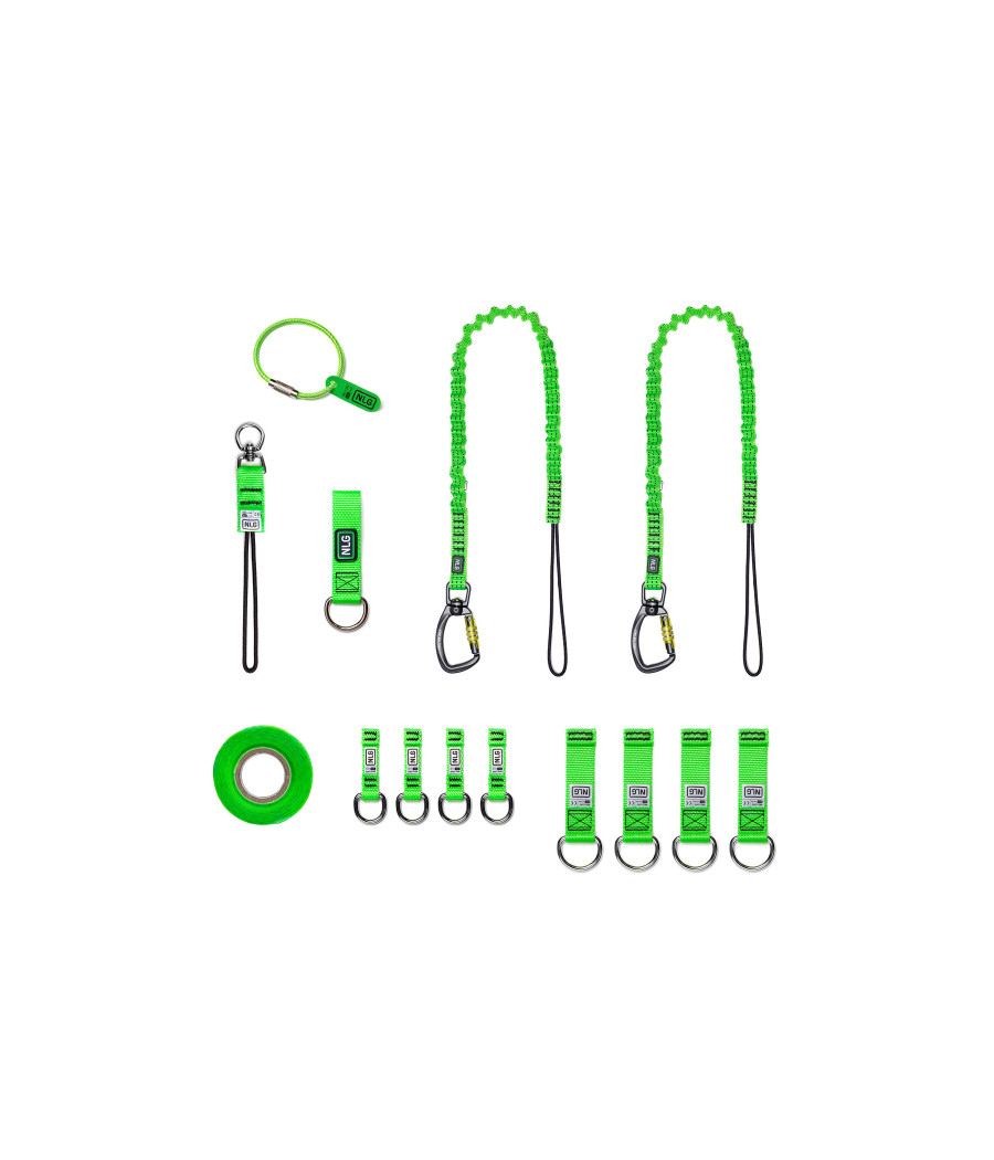 kit de rétention d'outils de  couleurs vert fluo comprenant 8 articles ruban, attaches, longes et attache à anneau