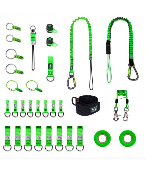 kit de rétention d'outils de  couleurs vert fluo comprenant 25 articles ruban, attaches, longe , points d'ancrage et bracelet