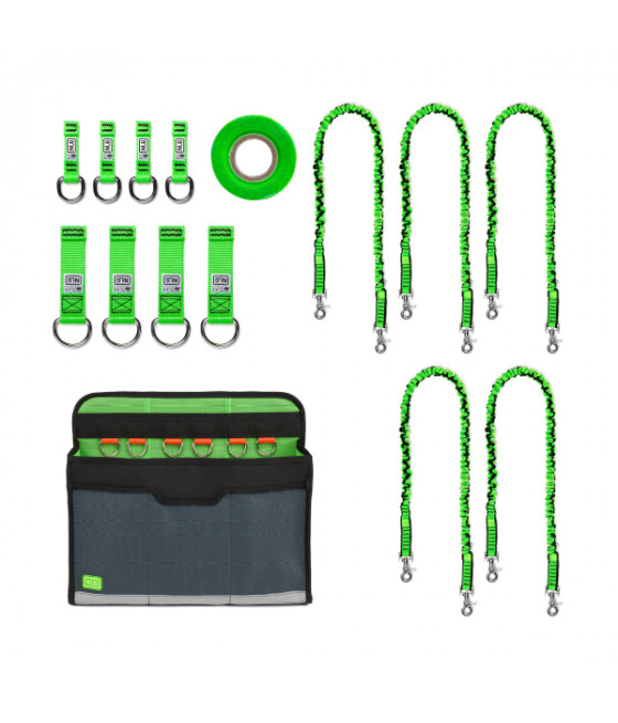 kit de rétention d'outils de  couleurs vert fluo comprenant 8 articles ruban, attaches, longes et d'un sac à outils PEMP