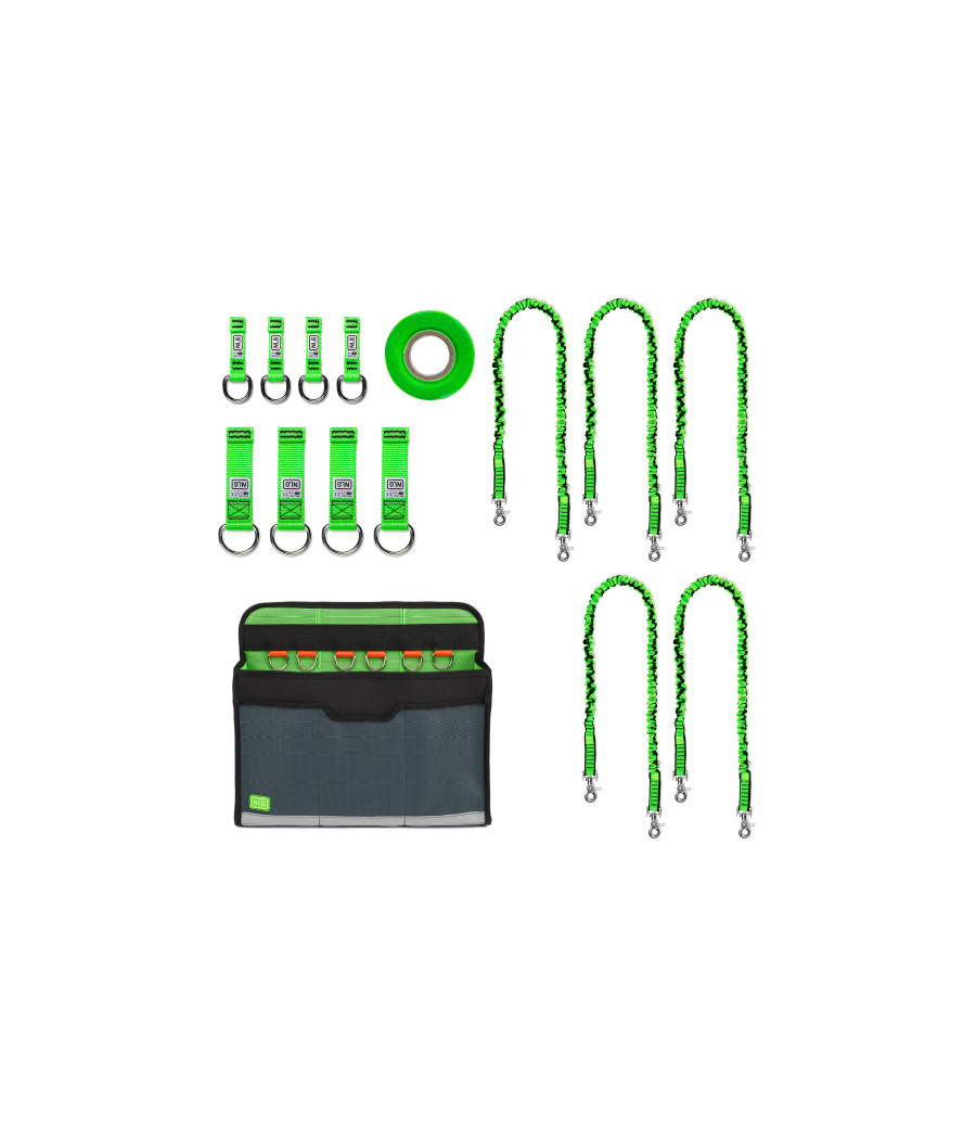 kit de rétention d'outils de  couleurs vert fluo comprenant 8 articles ruban, attaches, longes et d'un sac à outils PEMP