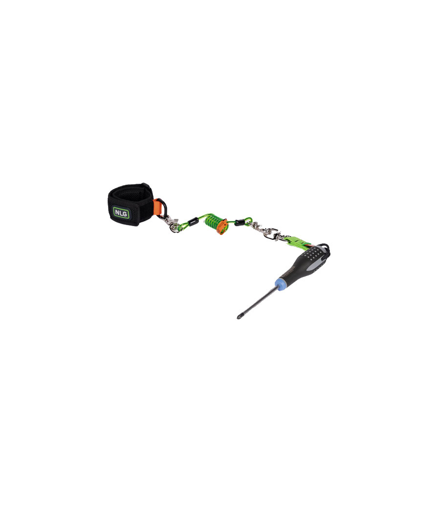 longe avec un tournevis amarré à l'un des clips et un bracelet NLG sur l'autre clip