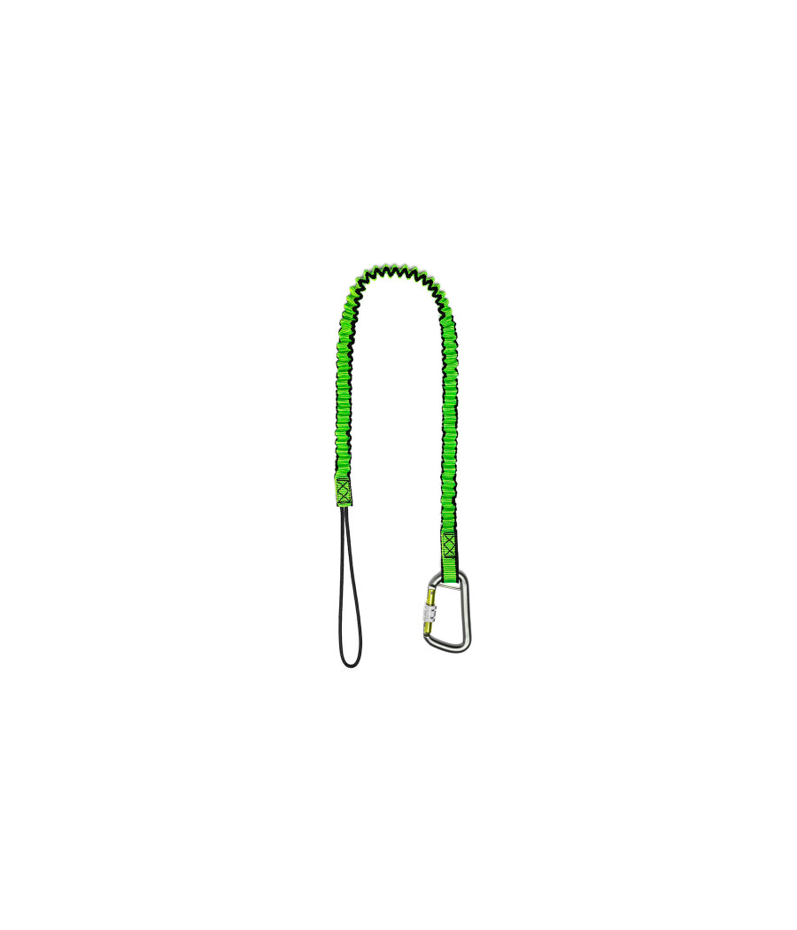 Longe à ressort avec 1 mousqueton à double action et une boucle en corde résistante.