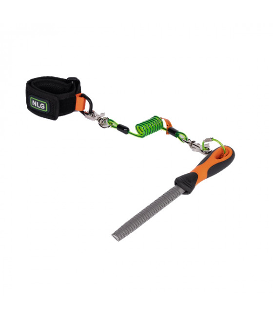 présentation du bracelet associé à une longe à ressort et permettant de retenir un petit outil