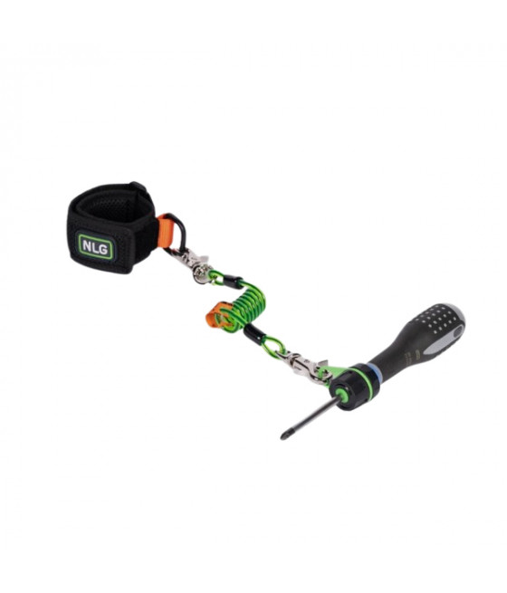 connecteur fixé sur un tournevis est relié au bracelet NLG via une longe NLG