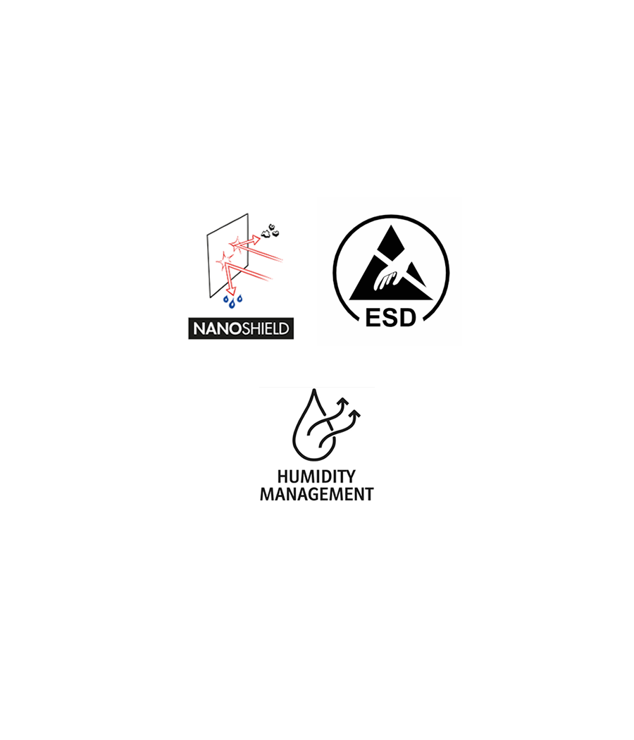 Technologie ESD décharge électrostatique, technologie NanoShield® hydrofuge et oléofuge, respirabilité maximale