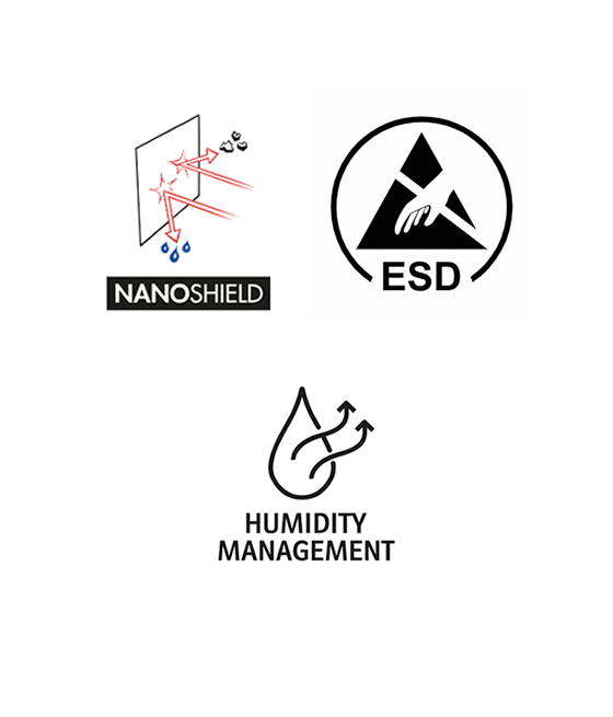 Technologie ESD décharge électrostatique, technologie NanoShield® hydrofuge et oléofuge, respirabilité maximale