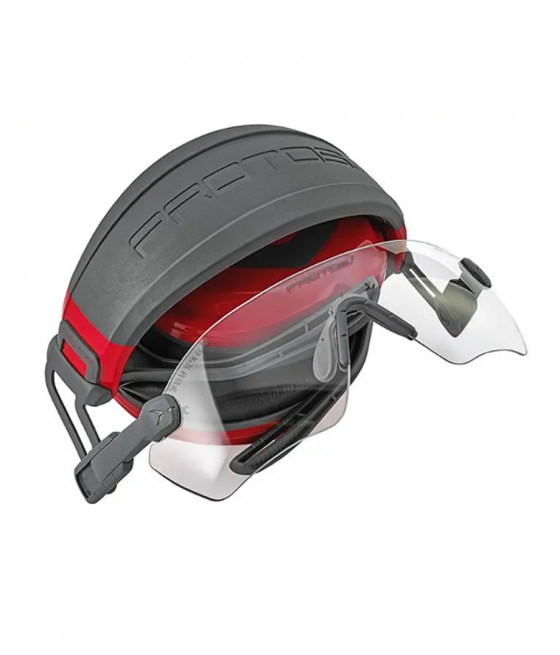 bandeau Headset rouge avec lunettes Protos incolores en position repliée