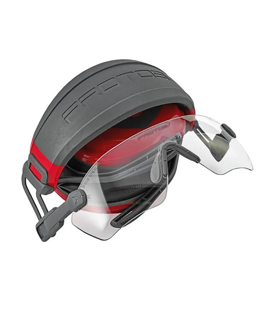 bandeau Headset rouge avec lunettes Protos incolores en position repliée