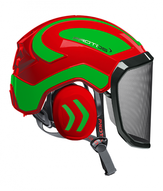 Casque Protos Integral Arborist Bicolore rouge-vert fluo