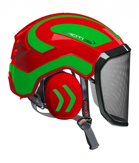 Casque Protos Integral Arborist Bicolore rouge-vert fluo