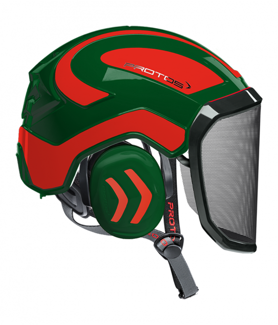 Casque Protos Integral Arborist Bicolore Olive-rouge orange fluo