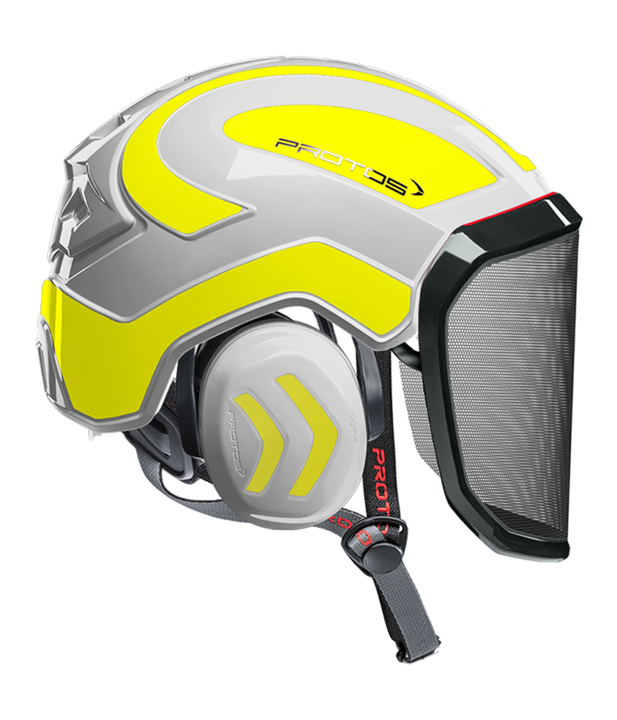 Casque Protos intégral Arborist bicolore blanc-jaune fluo