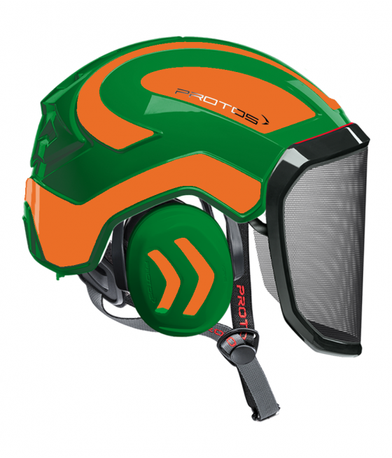 Casque Protos Integral Arborist Bicolore vert-rouge orange fluo