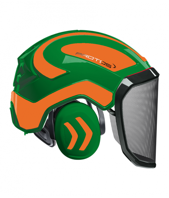 Casque Protos intégral Forest Bicolore vert-rouge orange fluo