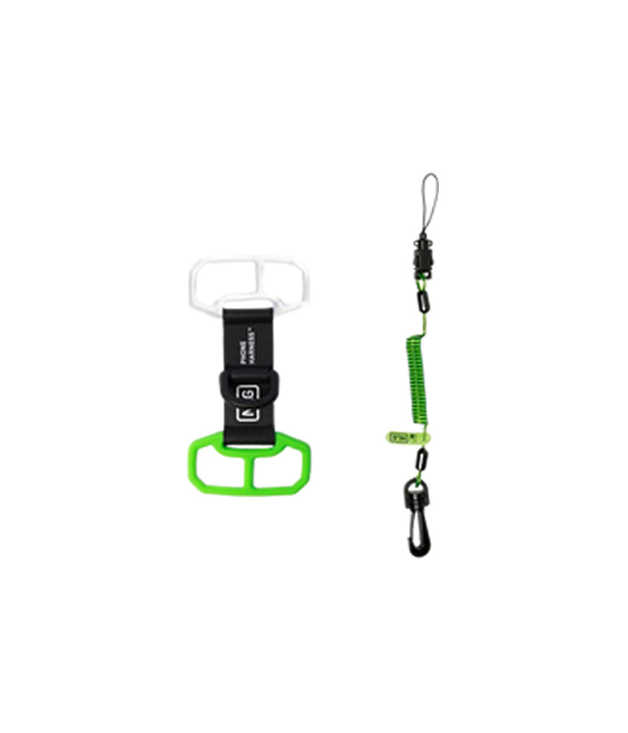 détail : support en silicone pour le téléphone portable et longe à ressort pour fixer le harnais
