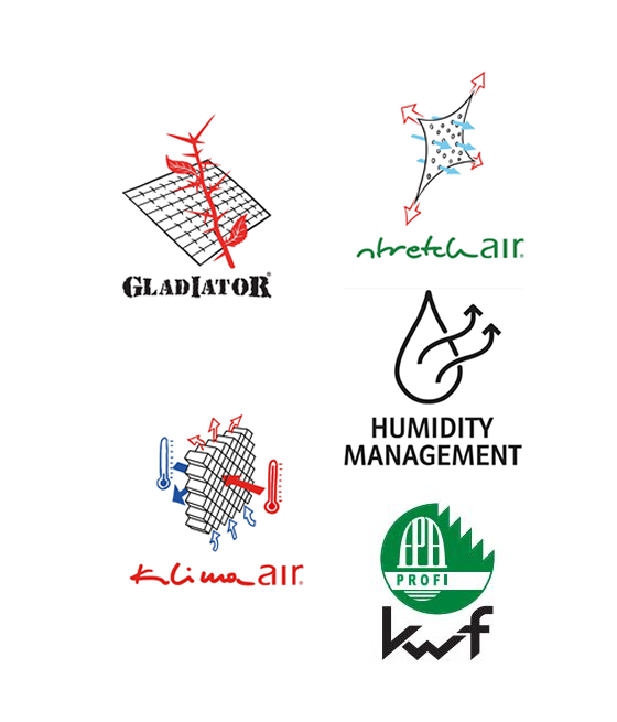 Tissu Gladiator, Technologie KLimaAIR et StretchAIR, gestion de l'humidité, certification KWF
