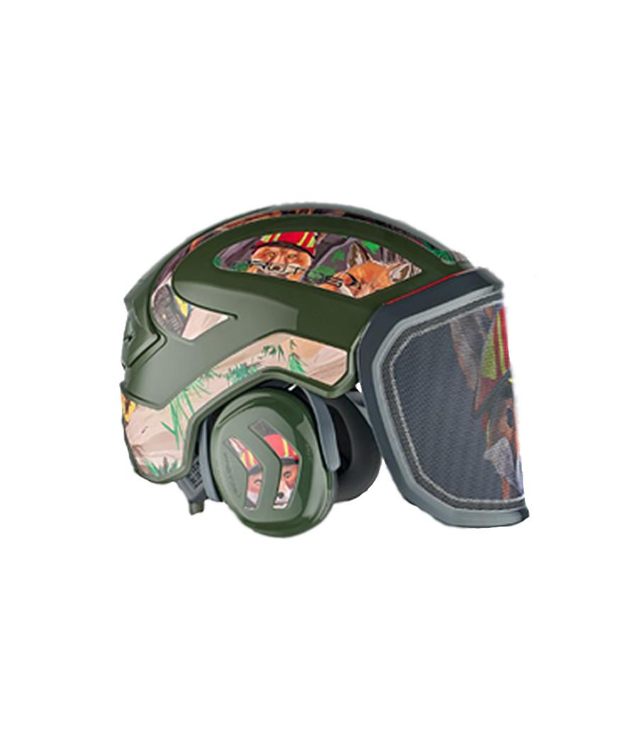 Profil du Casque Protos Forest - édition limitée - olive et ambiance Foxy - coquilles floquées avec l'univers foxy
