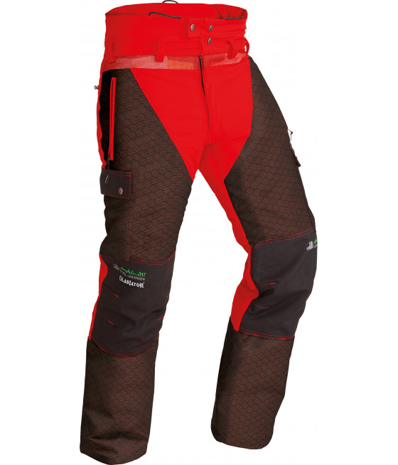 Pantalon de traque Gladiator coloris rouge avec protection Dyna-Tusker-Immunity, renfort kevlar au genoux, guêtres amovibles