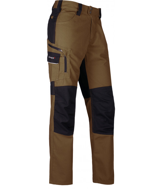 pantalon de travail brun et noir avec protection en Kevlar au  niveau des genoux