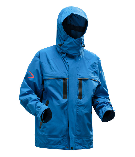 veste de pluie bleue avec plusieurs poches et une capuche