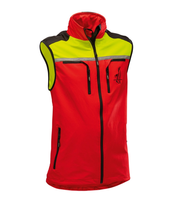 Version sans manches de la veste Forest Light, bicolore rouge et jaune avec 2 poches Zipp2Zipp sur la poitrine