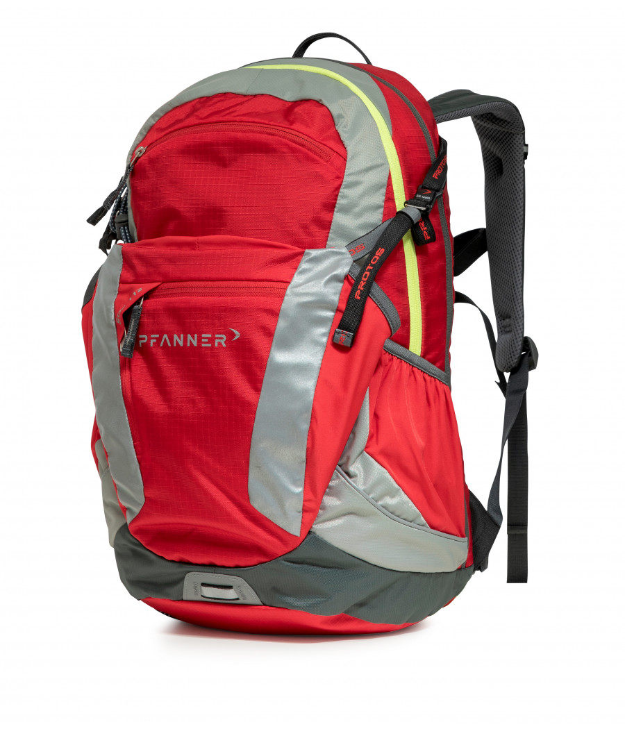 sac à dos rouge avec bandes réfléchissantes, design cool, form moulante et extension de volume
