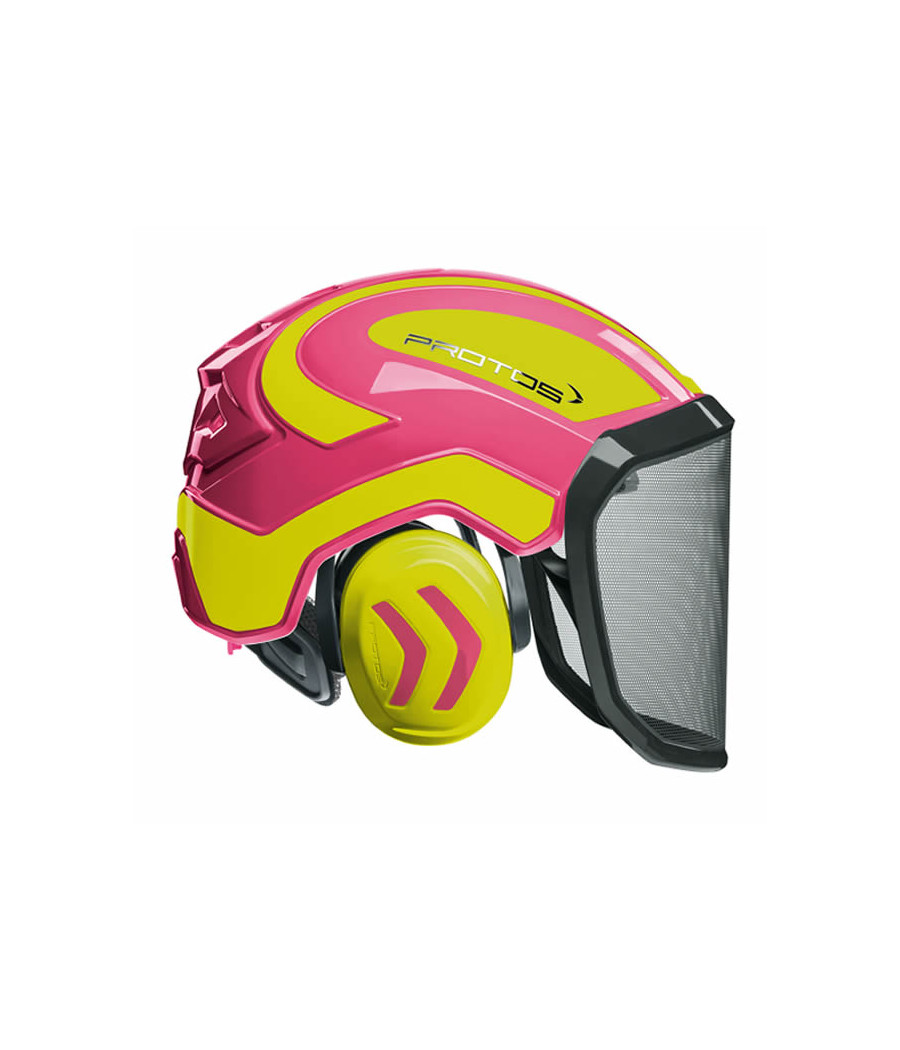 casque de forestier bicolore avec visière métallique et coquilles anti-bruit de couleur rose et jaune fluo