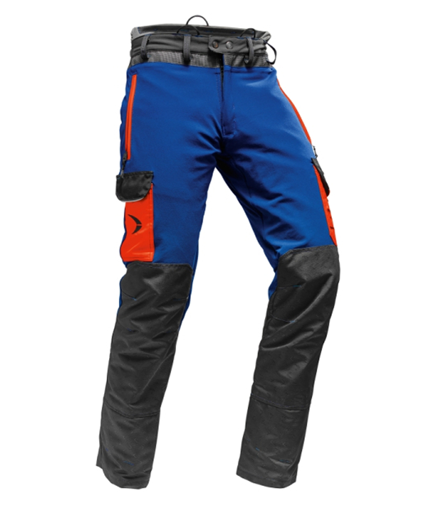 Pantalon anticoupures Type A de couleur bleu avec renforts Gladiator noirs et poches orange