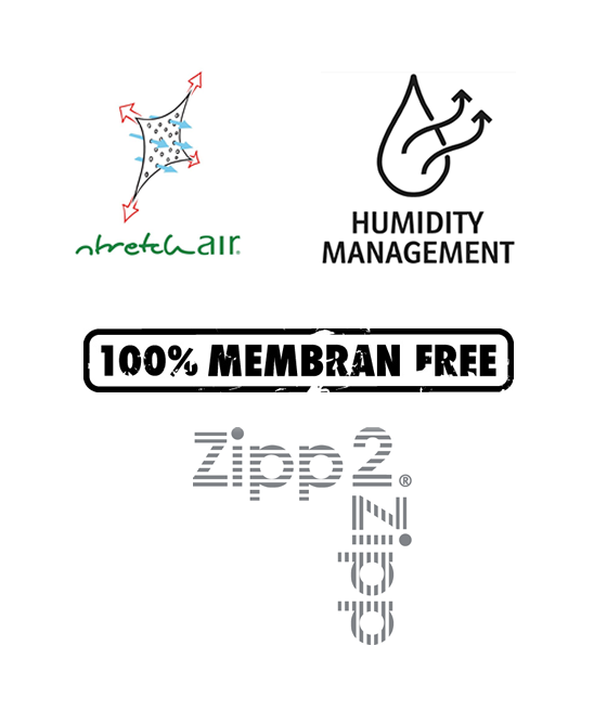 Technologie StretchAir, gestion de l'humidité, poches Ziip2Zipp et 100% membrane free