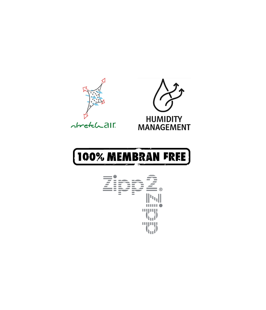 Technologie StretchAir, gestion de l'humidité, poches Ziip2Zipp et 100% membrane free