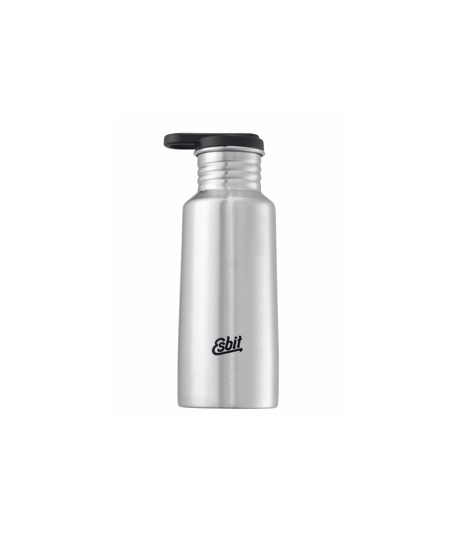 Bouteille isotherme d'une contenance de 550ml et de coloris gris acier avec un bouchon de type mousqueton